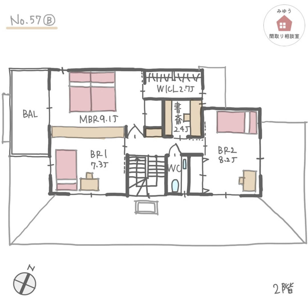 可動間仕切り収納家具で寝室を分けられる間取り【50坪4LDK2階建】No.57B-2階