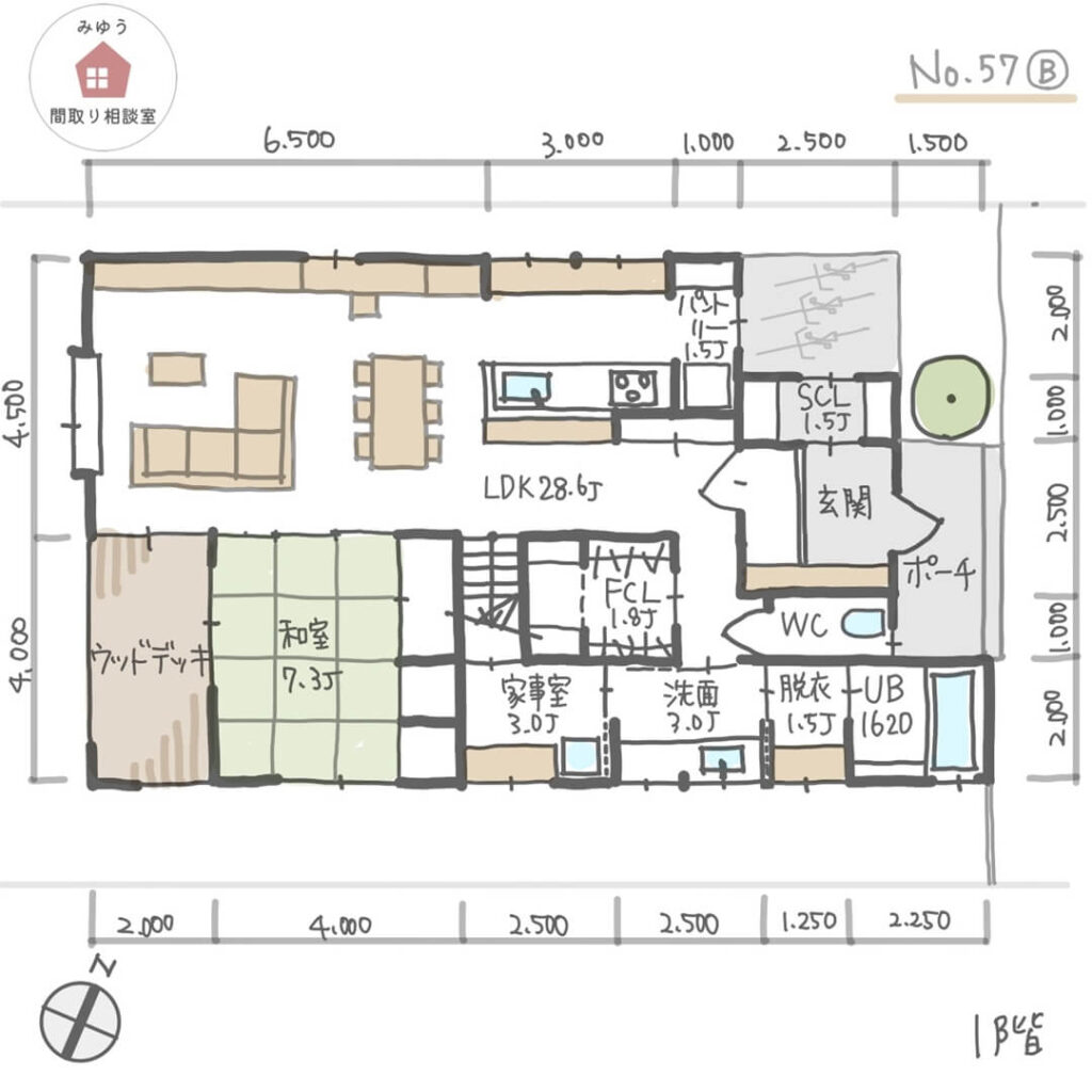 可動間仕切り収納家具で寝室を分けられる間取り【50坪4LDK2階建】No.57B-寸法有1階