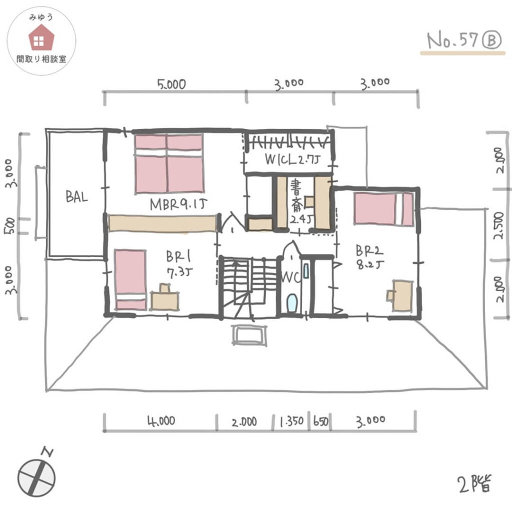 可動間仕切り収納家具で寝室を分けられる間取り【50坪4LDK2階建】No.57B-寸法有2階