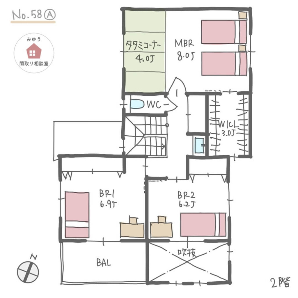 Ⅱ型のキッチンで家族で料理を楽しめる間取り【41坪3LDK2階建】No.58A-2階