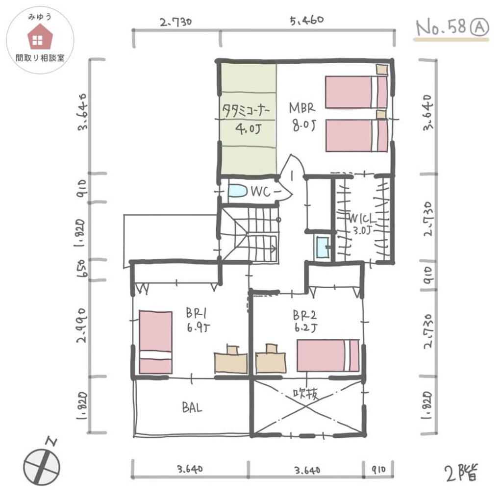 Ⅱ型のキッチンで家族で料理を楽しめる間取り【41坪3LDK2階建】No.58A-寸法有2階