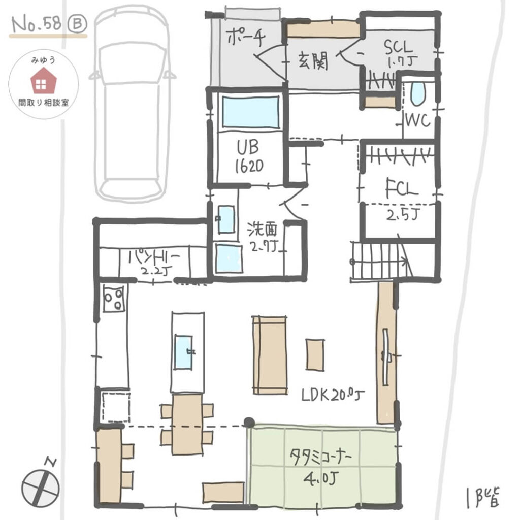 キッチンとダイニングが横並びで収納たっぷりな間取り【41坪3LDK2階建】No.58B-1階