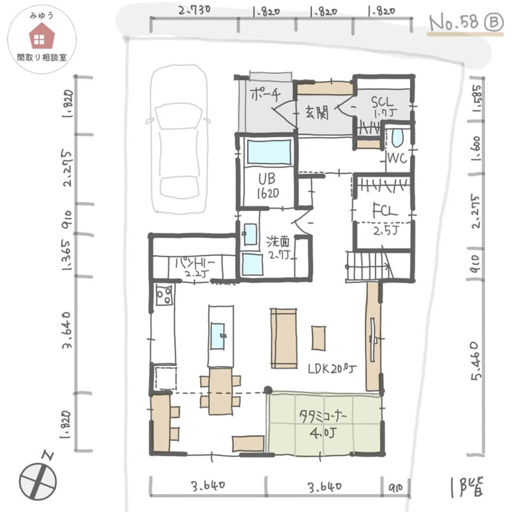 キッチンとダイニングが横並びで収納たっぷりな間取り【41坪3LDK2階建】No.58B-寸法有1階