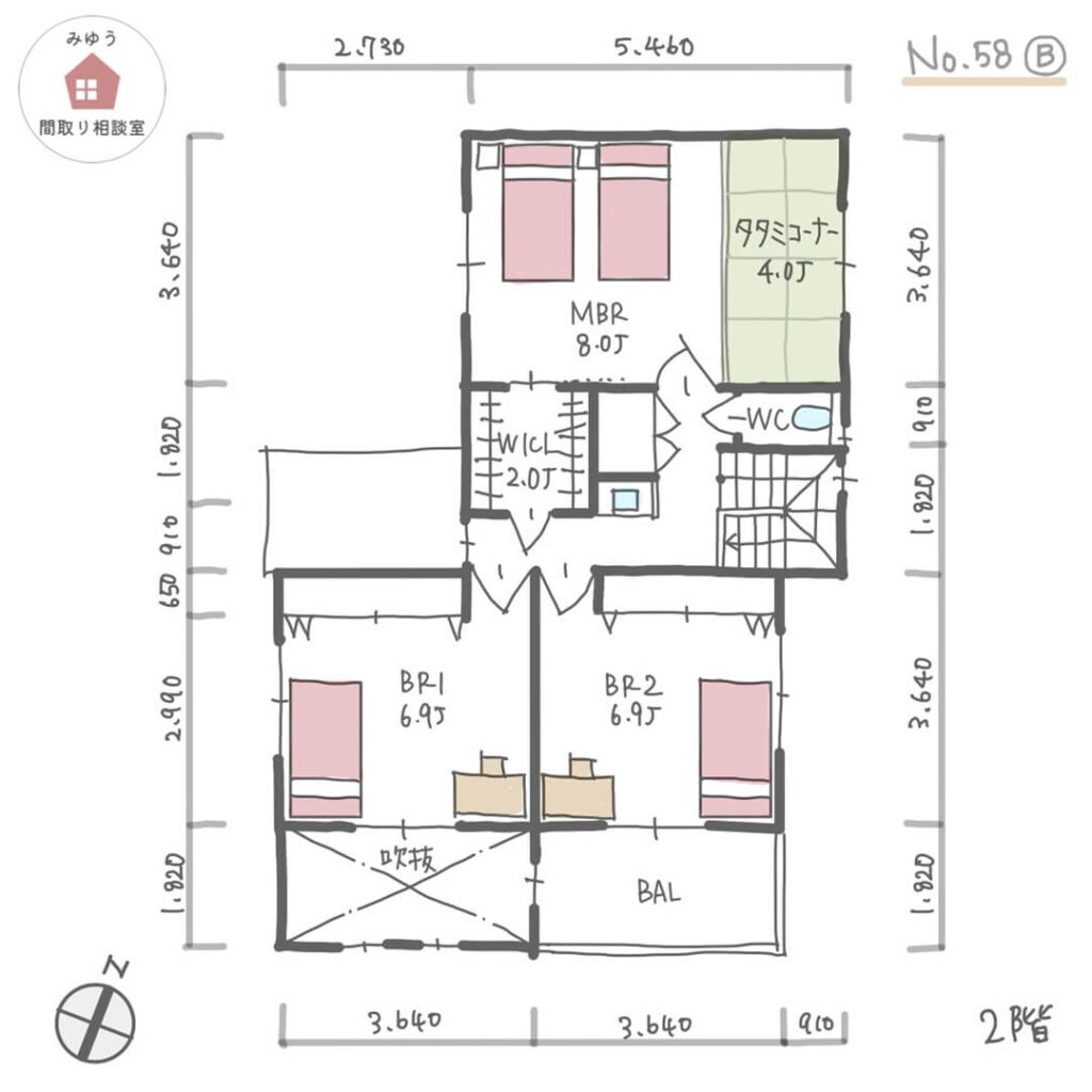 キッチンとダイニングが横並びで収納たっぷりな間取り【41坪3LDK2階建】No.58B-寸法有2階