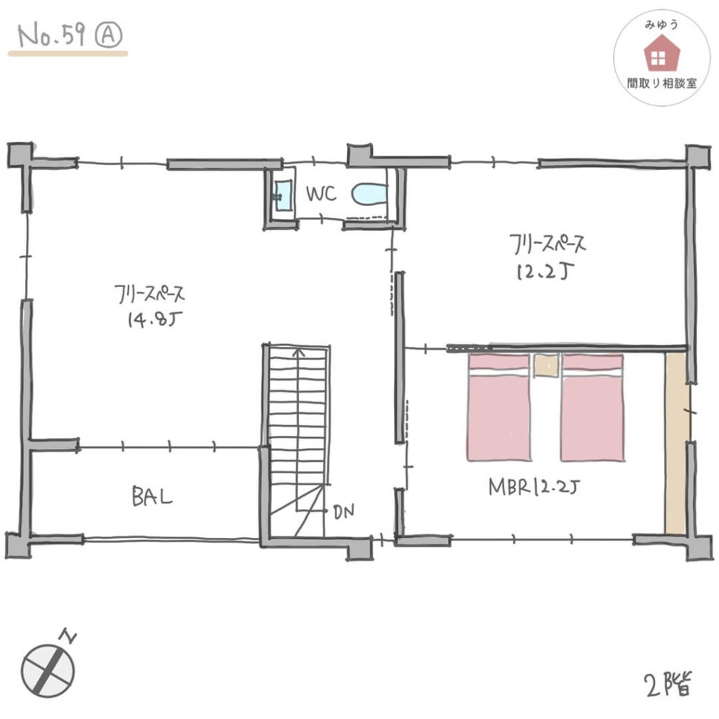 日当たりの良い家事室とファミクロが隣り合う間取り【54坪3LDK2階建リノベ】No.59A-2階