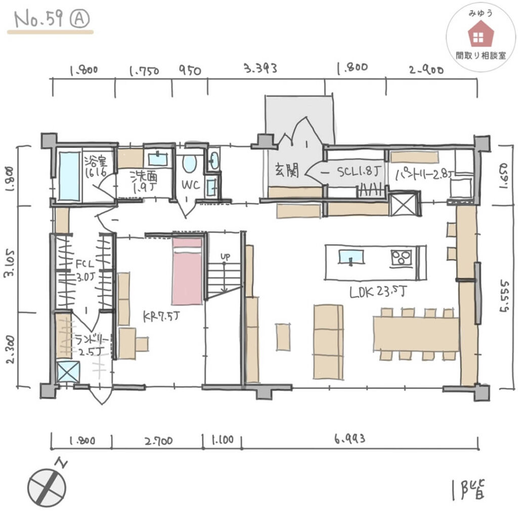 日当たりの良い家事室とファミクロが隣り合う間取り【54坪3LDK2階建リノベ】No.59A-寸法有1階