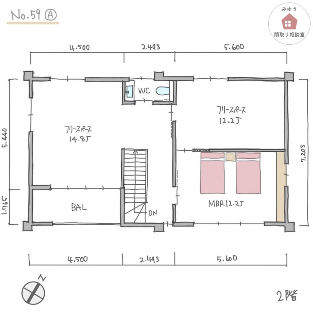 日当たりの良い家事室とファミクロが隣り合う間取り【54坪3LDK2階建リノベ】No.59A-寸法有2階