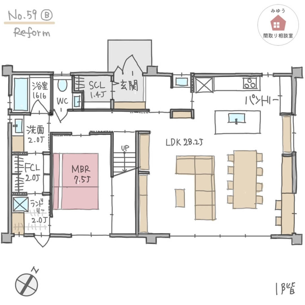 広々LDKとⅡ型のキッチンで家族で料理が楽しめる間取り【54坪3LDK2階建リノベ】No.59B-1階