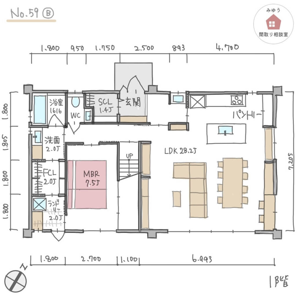 広々LDKとⅡ型のキッチンで家族で料理が楽しめる間取り【54坪3LDK2階建リノベ】No.59B-寸法有1階