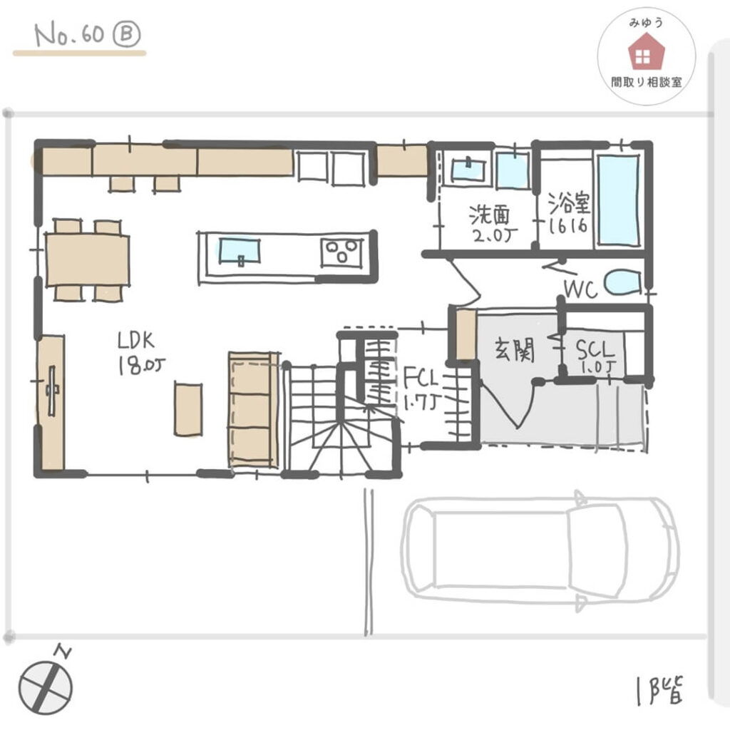 キッチンと洗面所が隣り合う、家事ラク回遊動線の間取り【29坪4LDK2階建】No.60B-1階