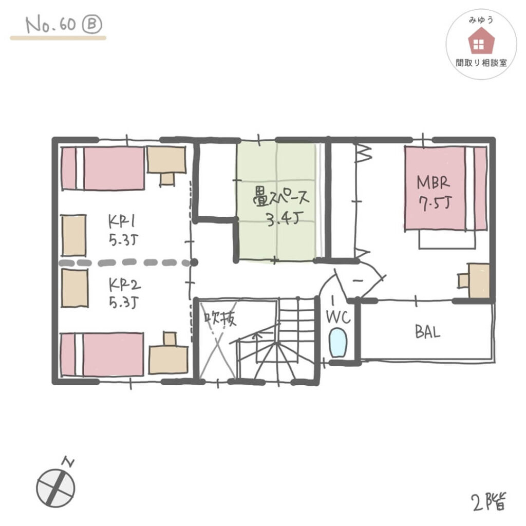 キッチンと洗面所が隣り合う、家事ラク回遊動線の間取り【29坪4LDK2階建】No.60B-2階