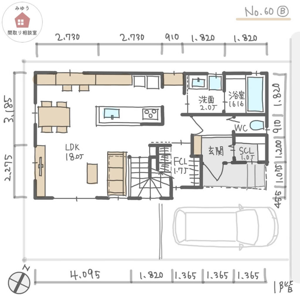 キッチンと洗面所が隣り合う、家事ラク回遊動線の間取り【29坪4LDK2階建】No.60B-寸法有1階