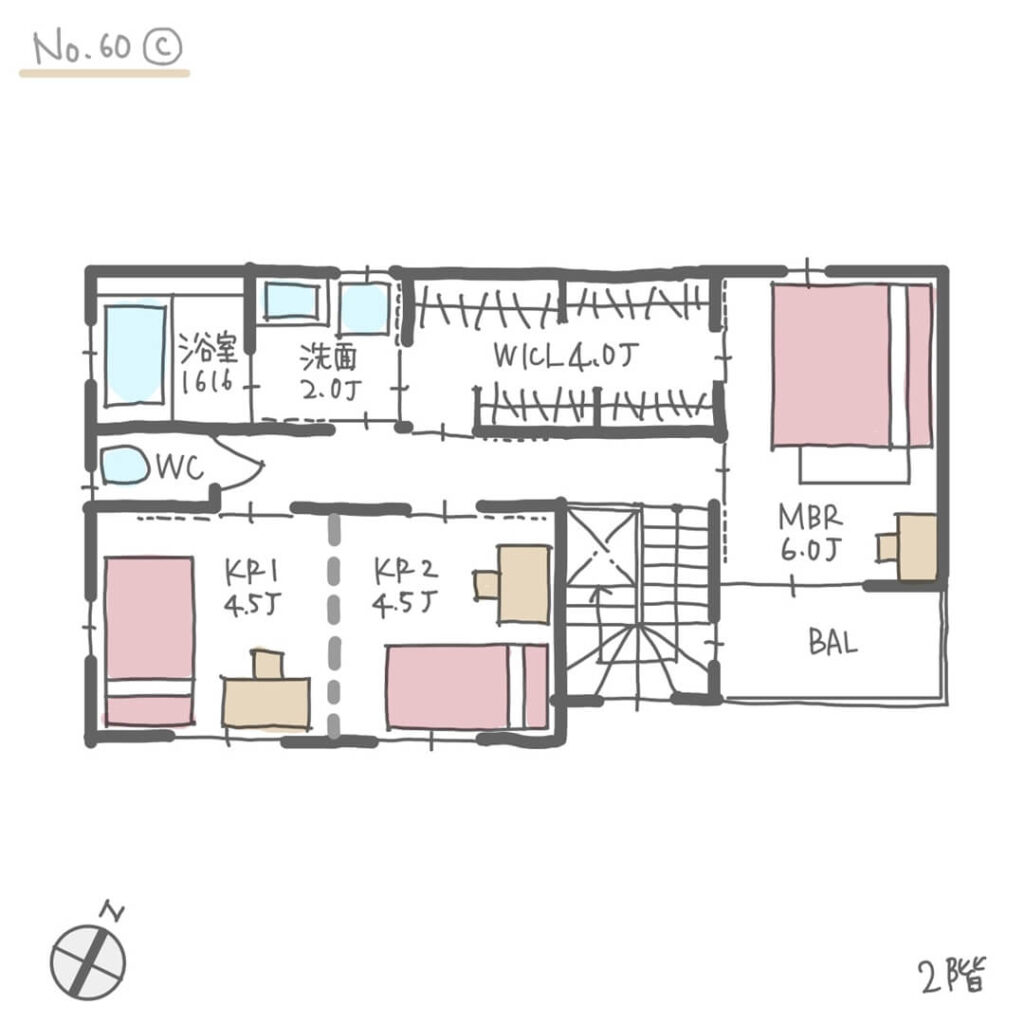 ２階浴室で洗面所と寝室の間にウォークインクローゼットのある間取り【29坪4LDK2階建】No.60C-2階