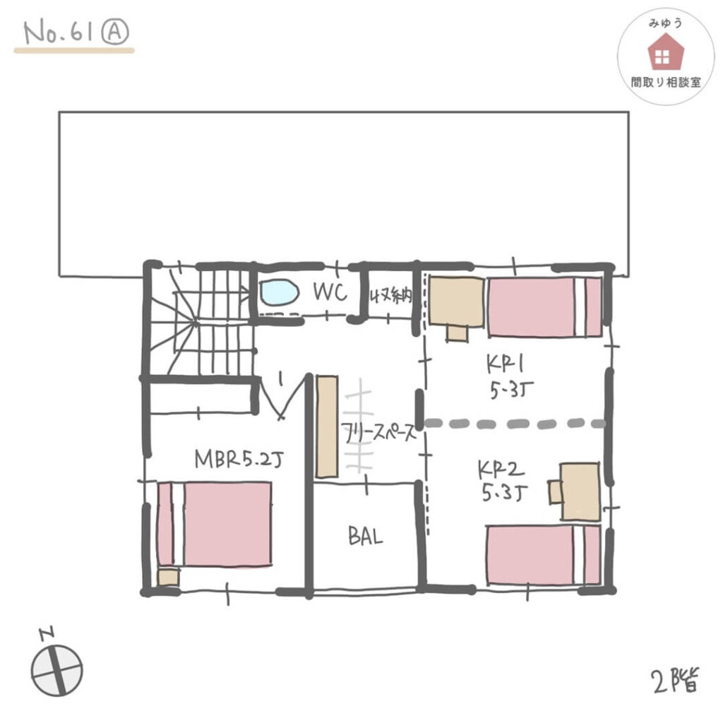 南道路の敷地で南に広くLDKを設けた間取り【29坪3LDK2階建】No.61A-2階