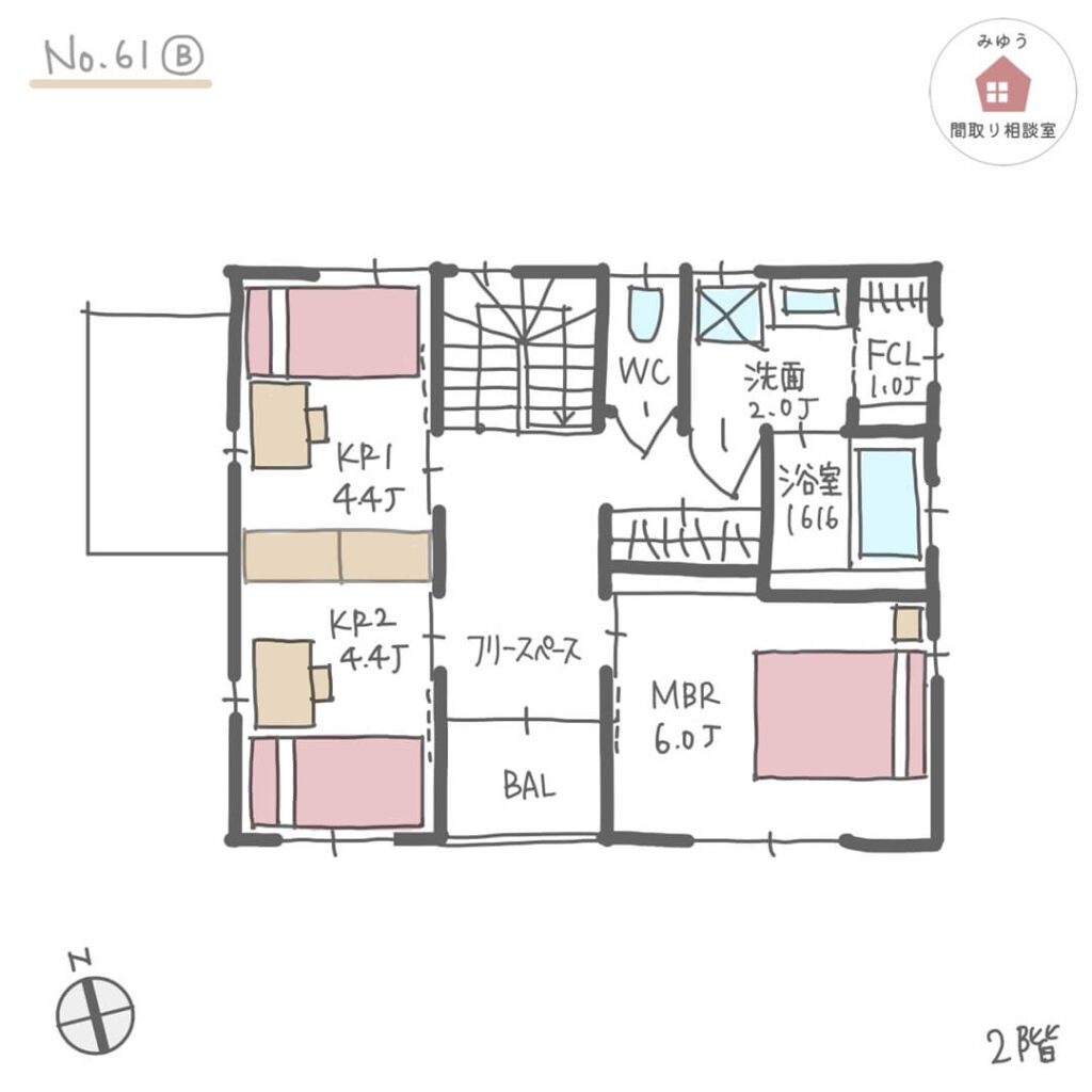 猫スペースをリビングに設けた総２階の家事ラク間取り【29坪3LDK2階建】No.61B-2階