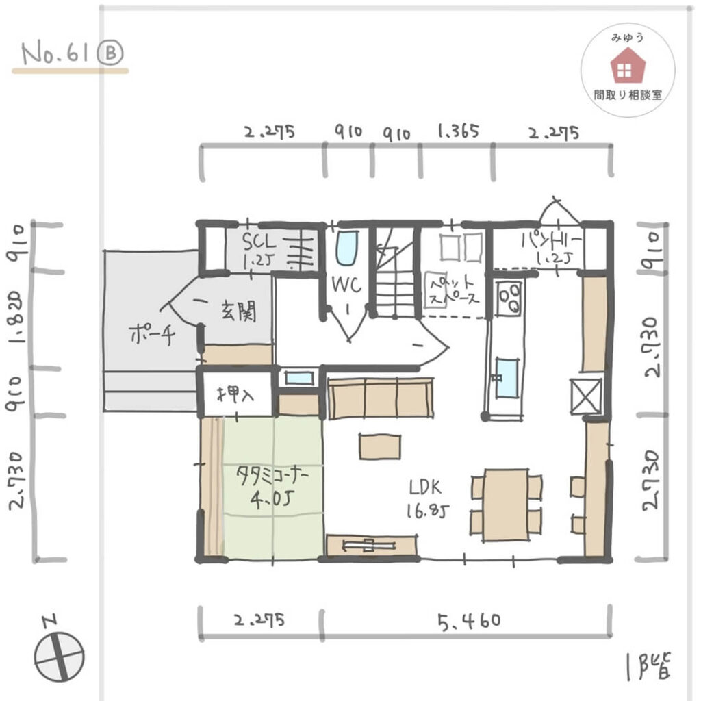 猫スペースをリビングに設けた総２階の家事ラク間取り【29坪3LDK2階建】No.61B-寸法有1階