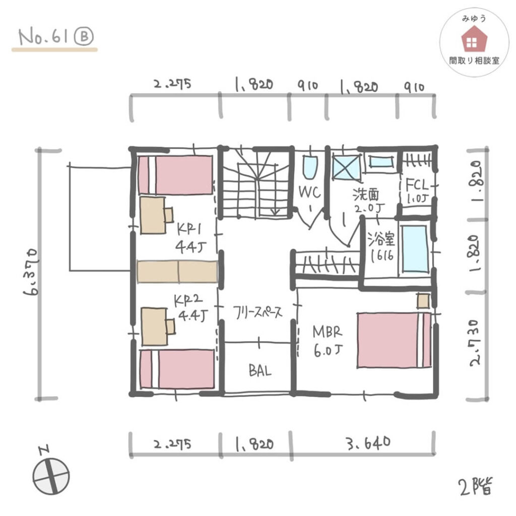 猫スペースをリビングに設けた総２階の家事ラク間取り【29坪3LDK2階建】No.61B-寸法有2階