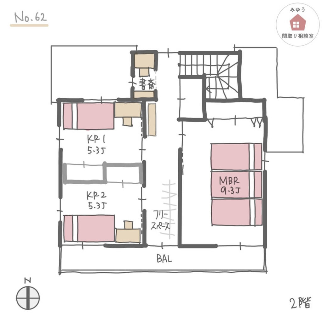 洗面・脱衣室別の家事動線の良い間取り【32坪3LDK2階建】No.62-2階