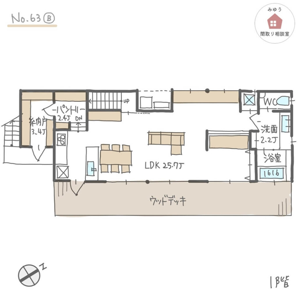 景色を楽しむ広々としたLDKのある間取り【40坪3LDK2階建】No.63B-1階