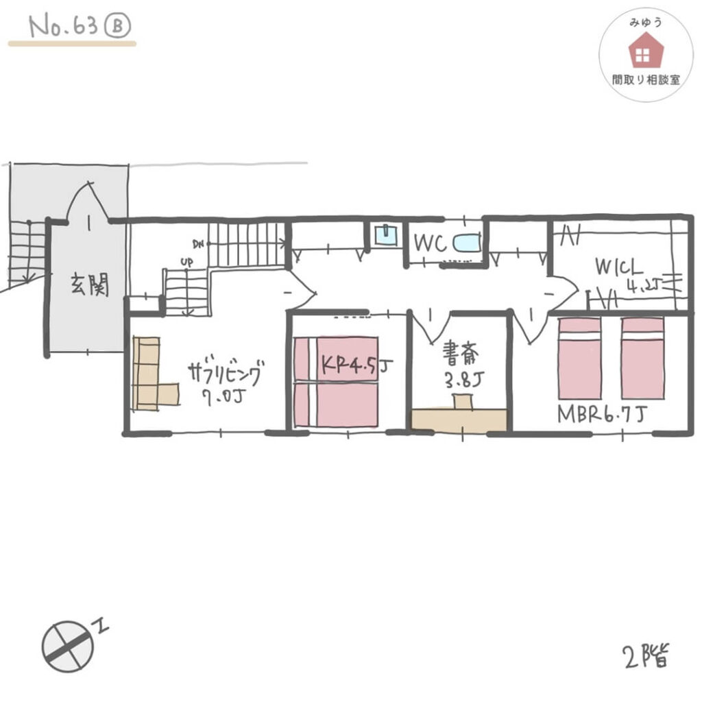 景色を楽しむ広々としたLDKのある間取り【40坪3LDK2階建】No.63B-2階