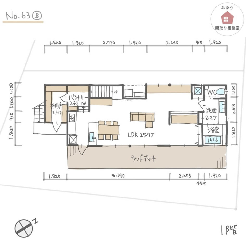 景色を楽しむ広々としたLDKのある間取り【40坪3LDK2階建】No.63B-寸法有1階