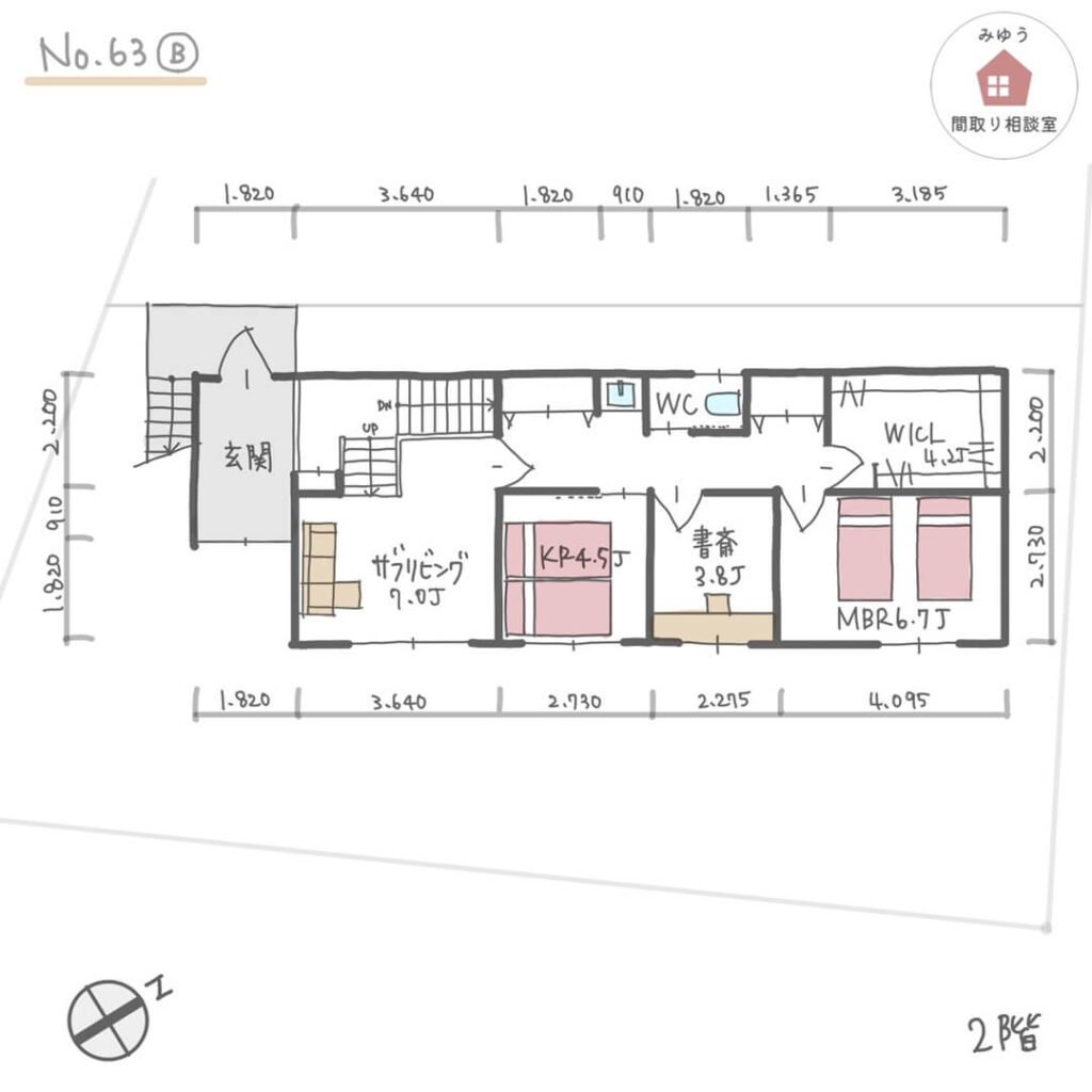 景色を楽しむ広々としたLDKのある間取り【40坪3LDK2階建】No.63B-寸法有2階