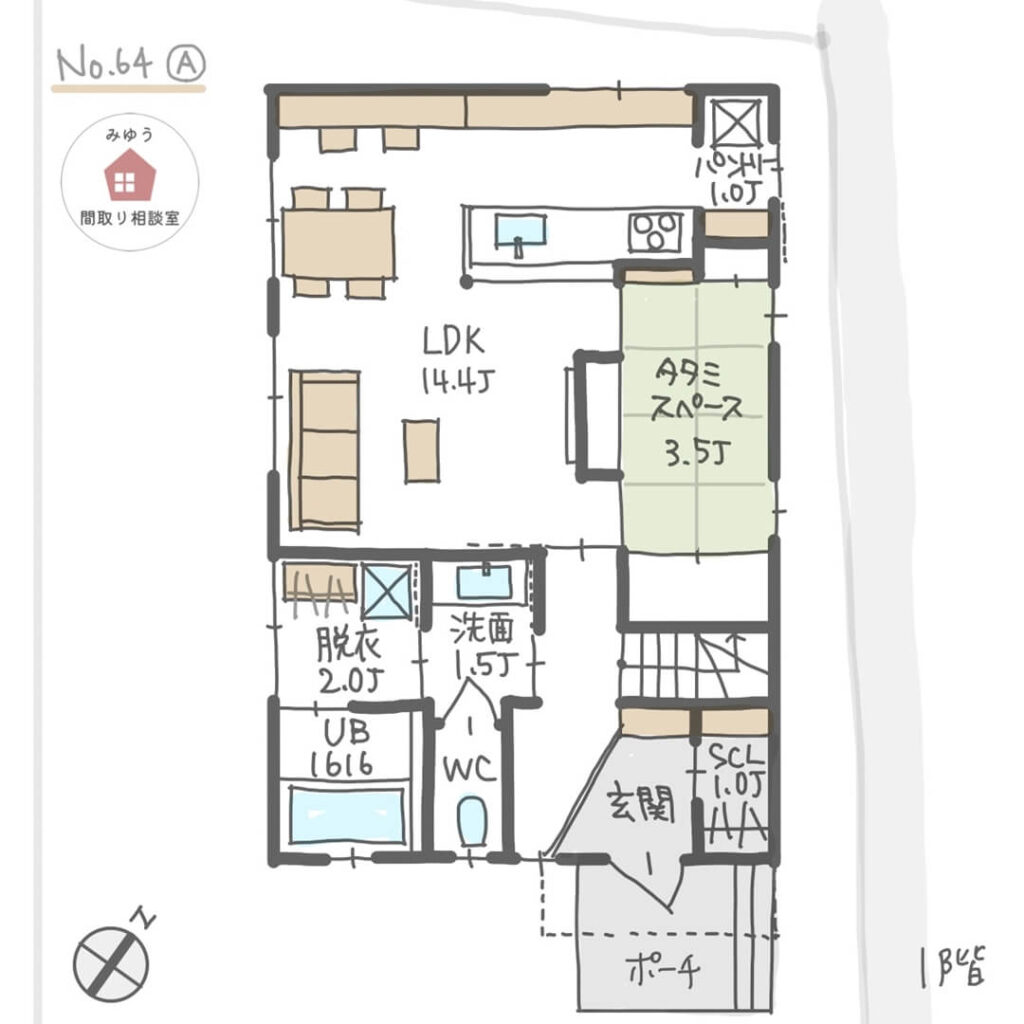 東南方位の玄関で家相の良い間取り【32坪3LDK2階建】No.64A-1階