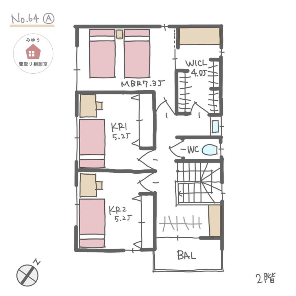 東南方位の玄関で家相の良い間取り【32坪3LDK2階建】No.64A-2階