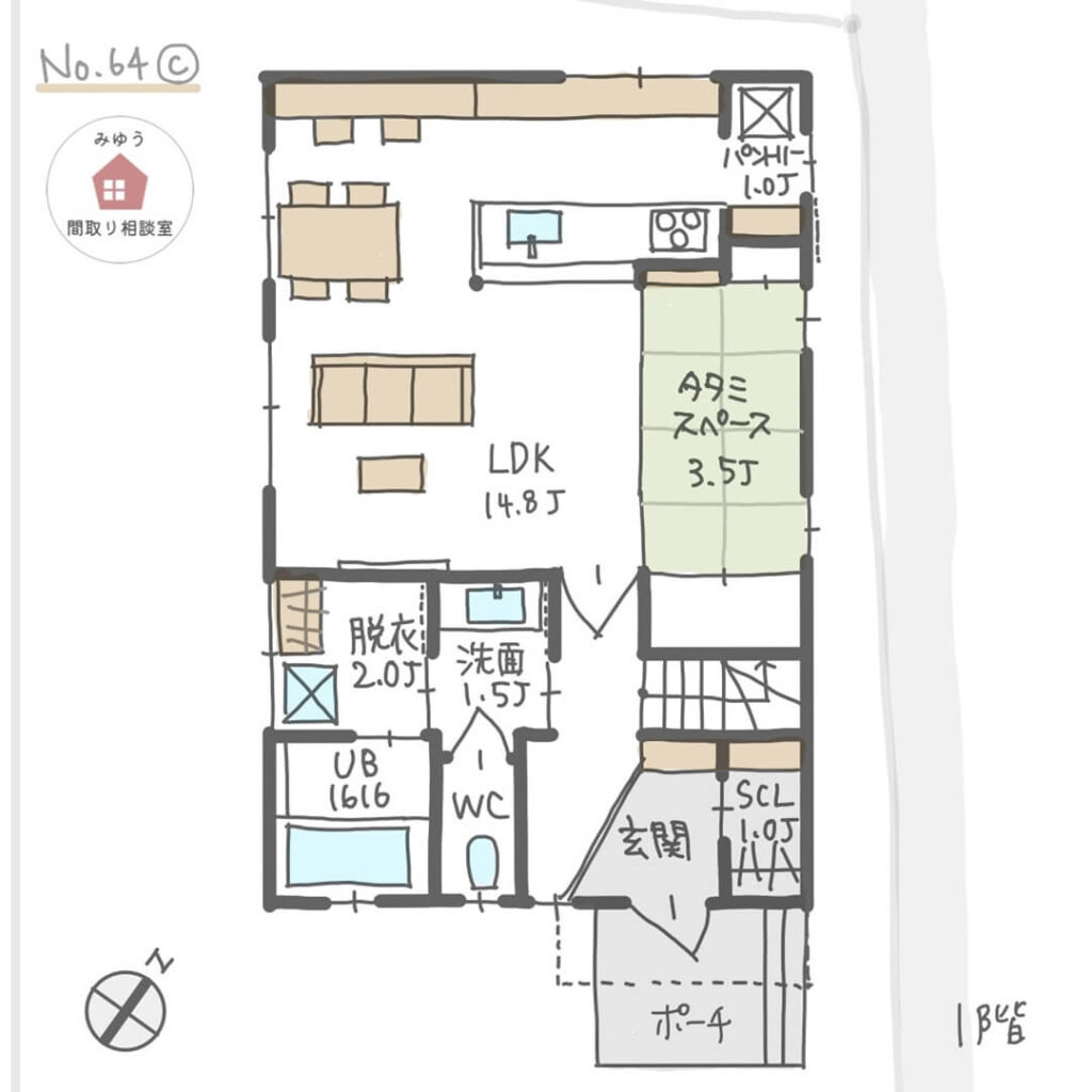 家族の時間と個人の時間をどちらも楽しめる間取り【32坪3LDK2階建】No.64C-1階