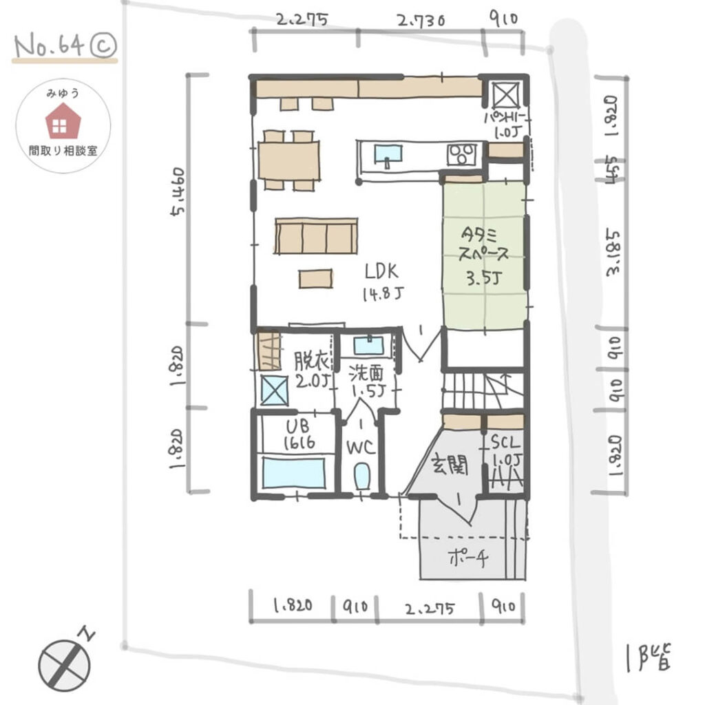 家族の時間と個人の時間をどちらも楽しめる間取り【32坪3LDK2階建】No.64C-寸法有1階