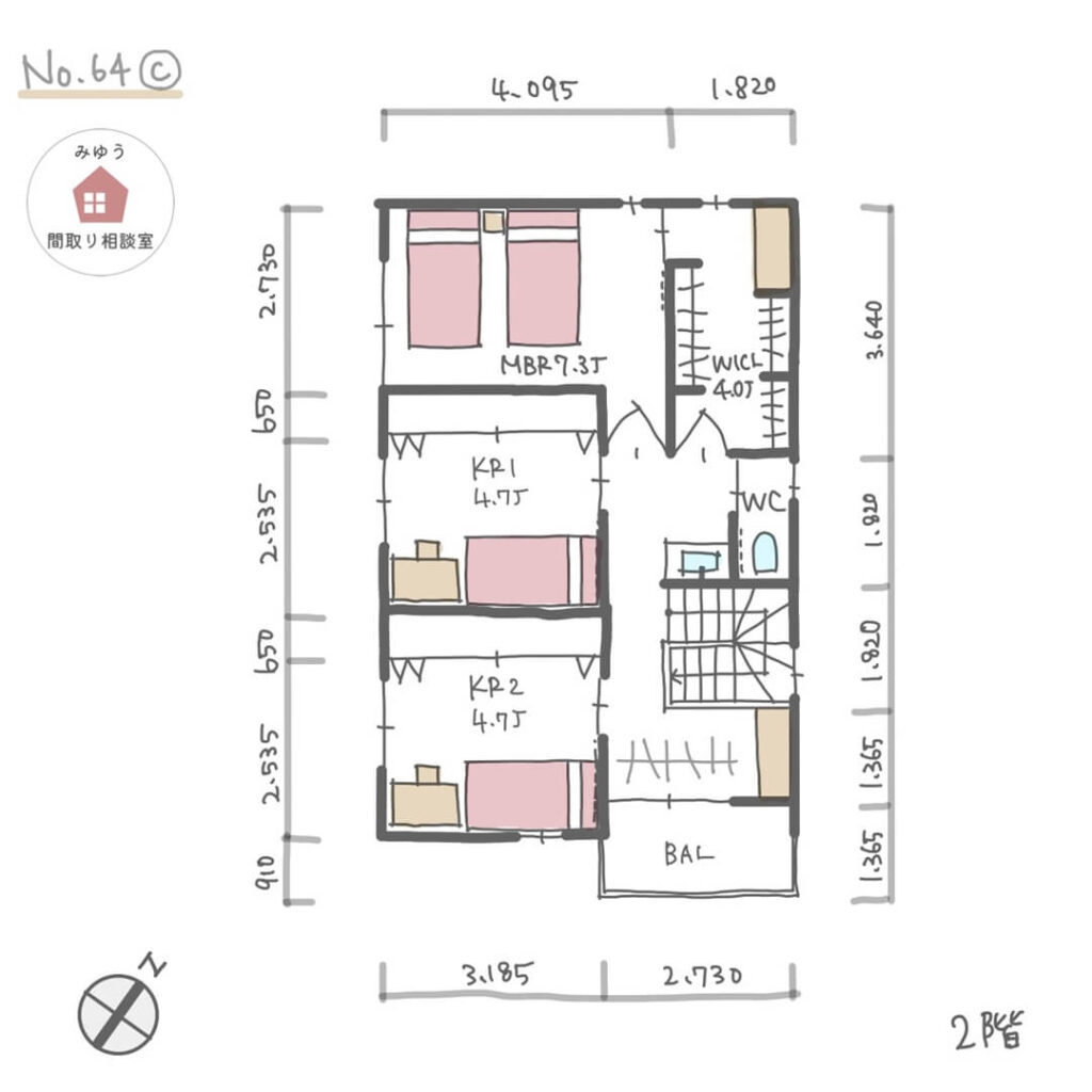 家族の時間と個人の時間をどちらも楽しめる間取り【32坪3LDK2階建】No.64C-寸法有2階