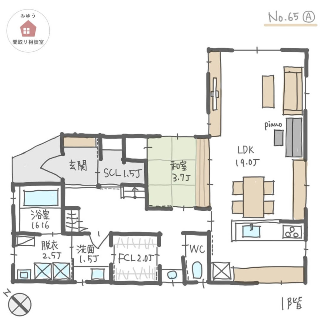 広めのランドリールーム兼脱衣室のある家事ラク間取り【34坪4LDK2階建】No.65A-1階