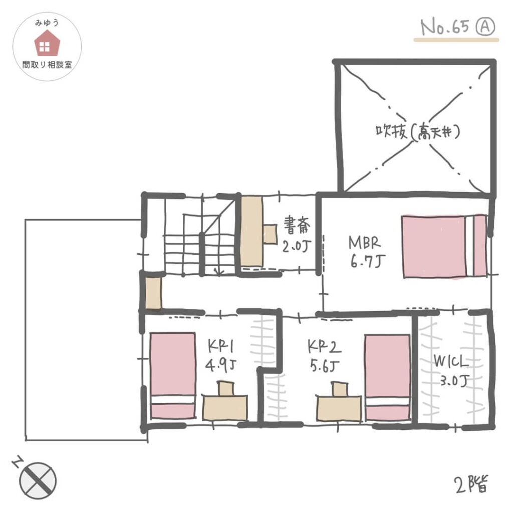 広めのランドリールーム兼脱衣室のある家事ラク間取り【34坪4LDK2階建】No.65A-2階