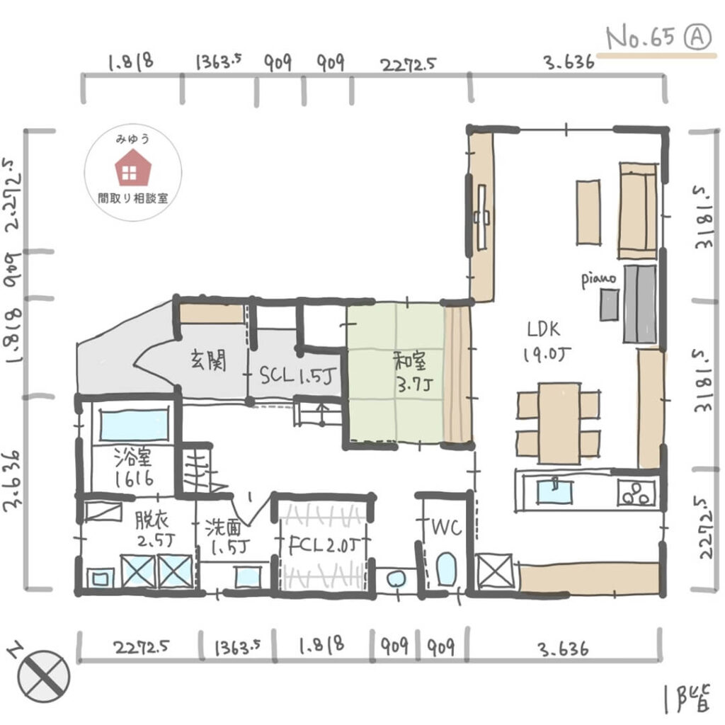 広めのランドリールーム兼脱衣室のある家事ラク間取り【34坪4LDK2階建】No.65A-寸法有1階