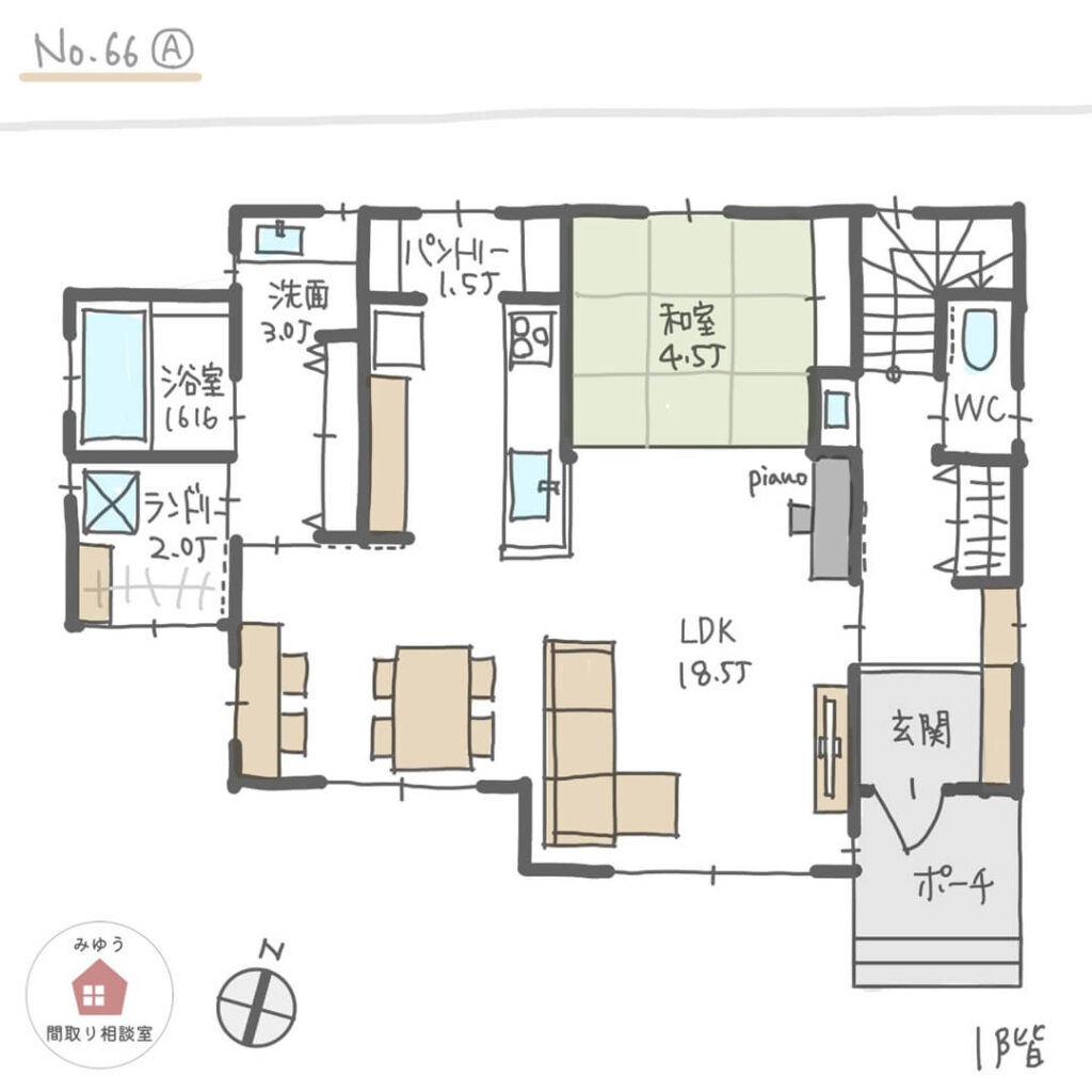 凹凸のある外観で室内に光を取り込む間取り【33坪4LDK2階建】No.66A-1階