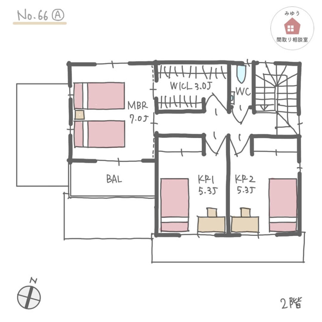 凹凸のある外観で室内に光を取り込む間取り【33坪4LDK2階建】No.66A-2階