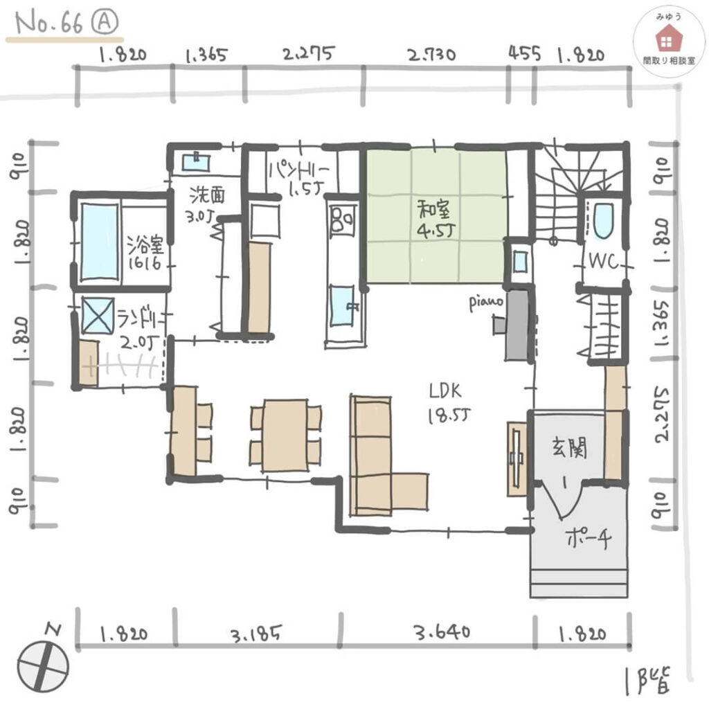 凹凸のある外観で室内に光を取り込む間取り【33坪4LDK2階建】No.66A-寸法有1階