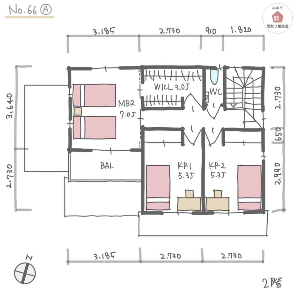 凹凸のある外観で室内に光を取り込む間取り【33坪4LDK2階建】No.66A-寸法有2階