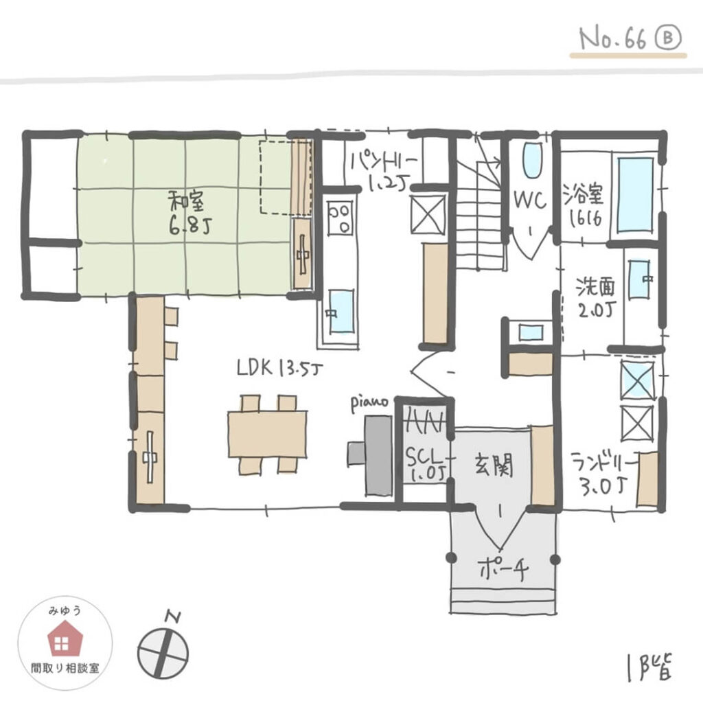 南に家事室を配置した洗濯動線の良い間取り【33坪4LDK2階建】No.66B-1階