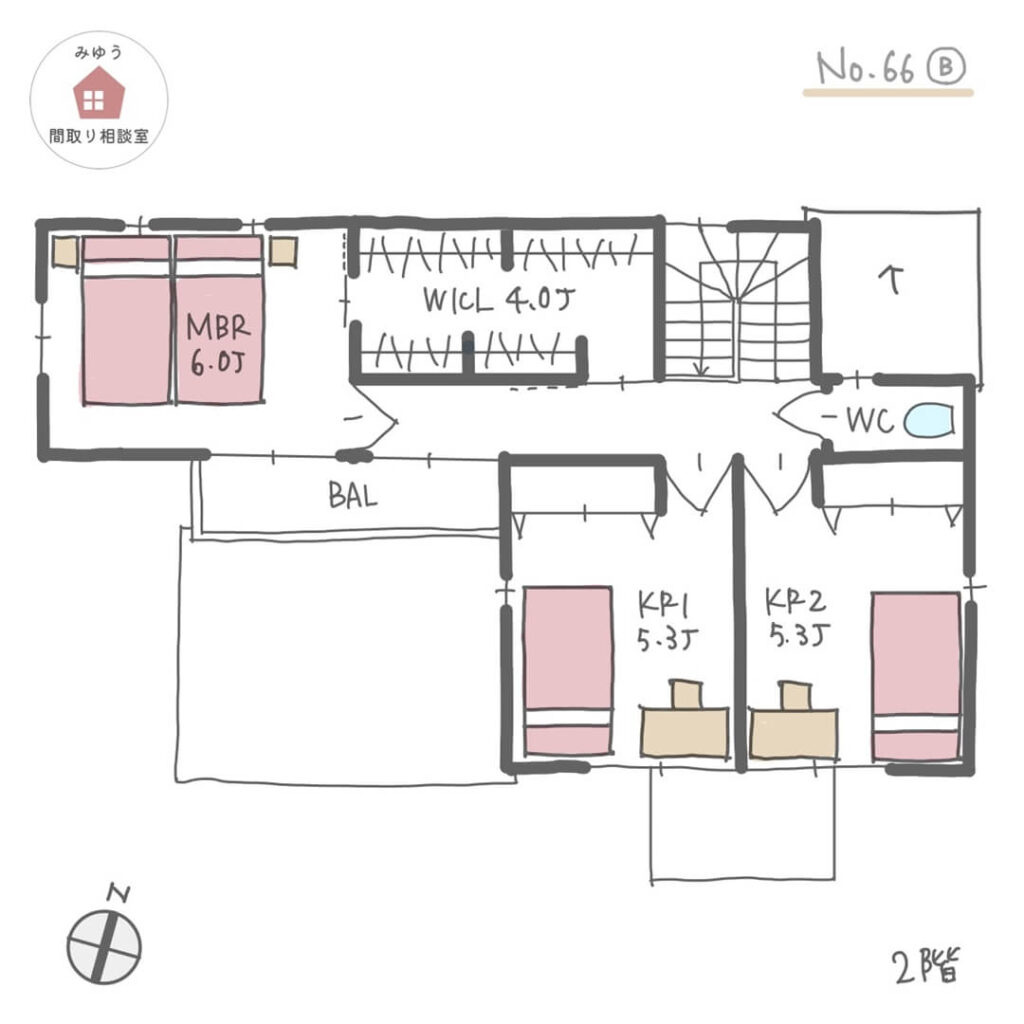 南に家事室を配置した洗濯動線の良い間取り【33坪4LDK2階建】No.66B-2階