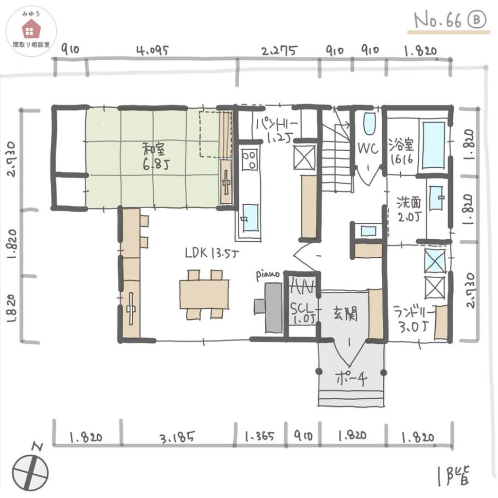 南に家事室を配置した洗濯動線の良い間取り【33坪4LDK2階建】No.66B-寸法有1階