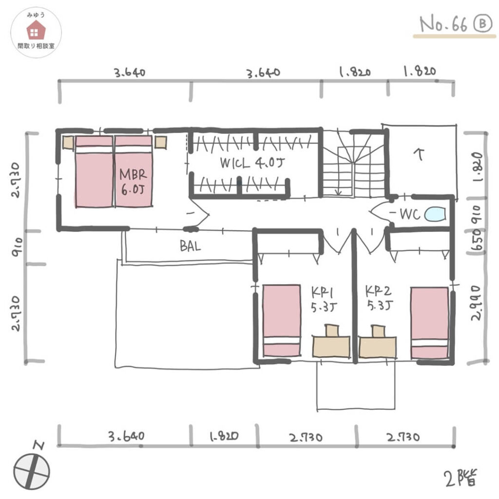 南に家事室を配置した洗濯動線の良い間取り【33坪4LDK2階建】No.66B-寸法有2階