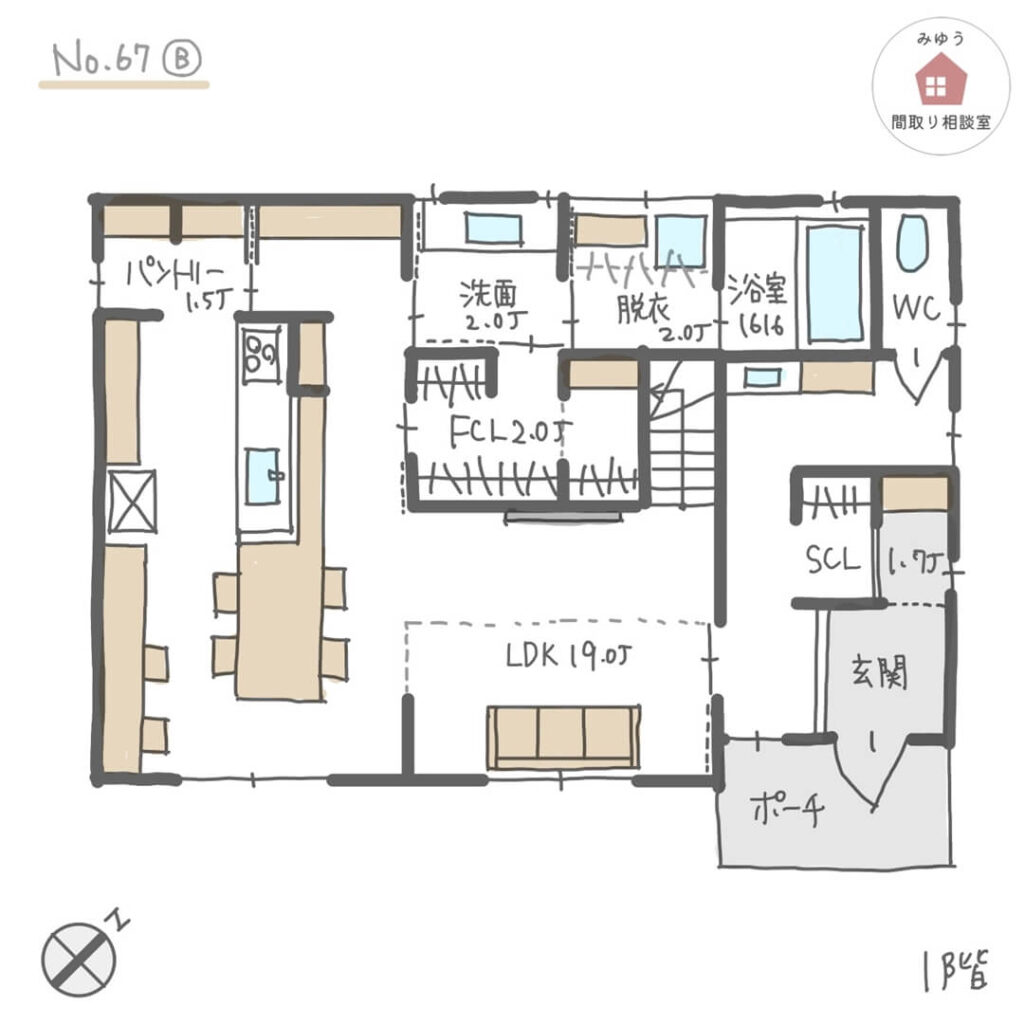 カフェのようなキッチン一体ダイニングテーブルがある間取り【34坪3LDK2階建】No.67B-1階