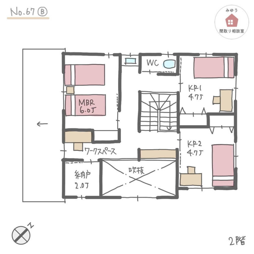 カフェのようなキッチン一体ダイニングテーブルがある間取り【34坪3LDK2階建】No.67B-2階