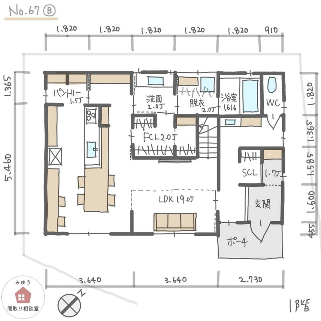 カフェのようなキッチン一体ダイニングテーブルがある間取り【34坪3LDK2階建】No.67B-寸法有1階