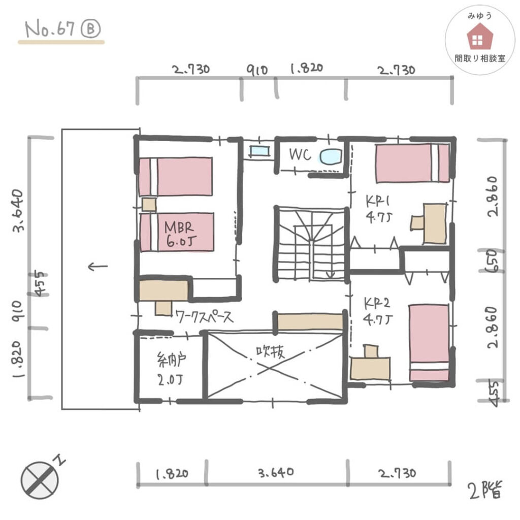 カフェのようなキッチン一体ダイニングテーブルがある間取り【34坪3LDK2階建】No.67B-寸法有2階