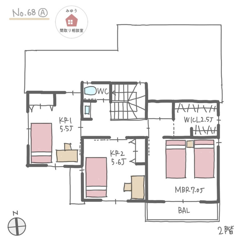 洗面脱衣別でファミリークローゼットが近接する間取り【35坪4LDK2階建】No.68A-2階