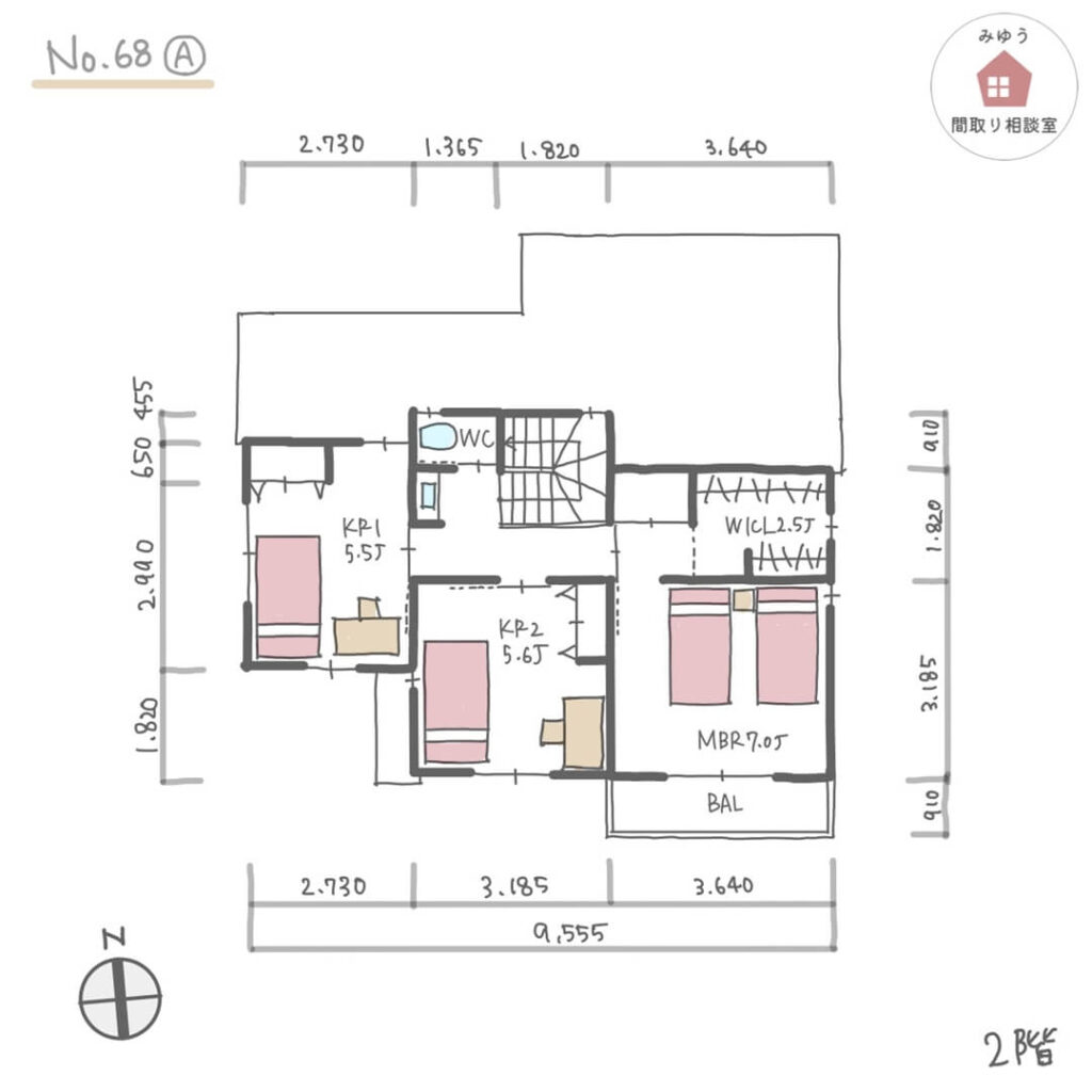 洗面脱衣別でファミリークローゼットが近接する間取り【35坪4LDK2階建】No.68A-寸法有2階