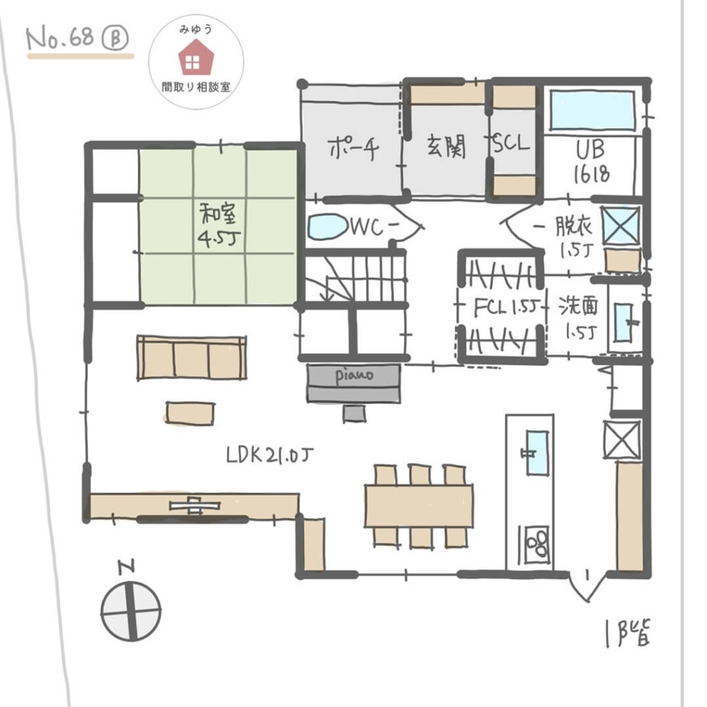 回遊できる家事動線の良い間取り【34坪4LDK2階建】No.68B-1階