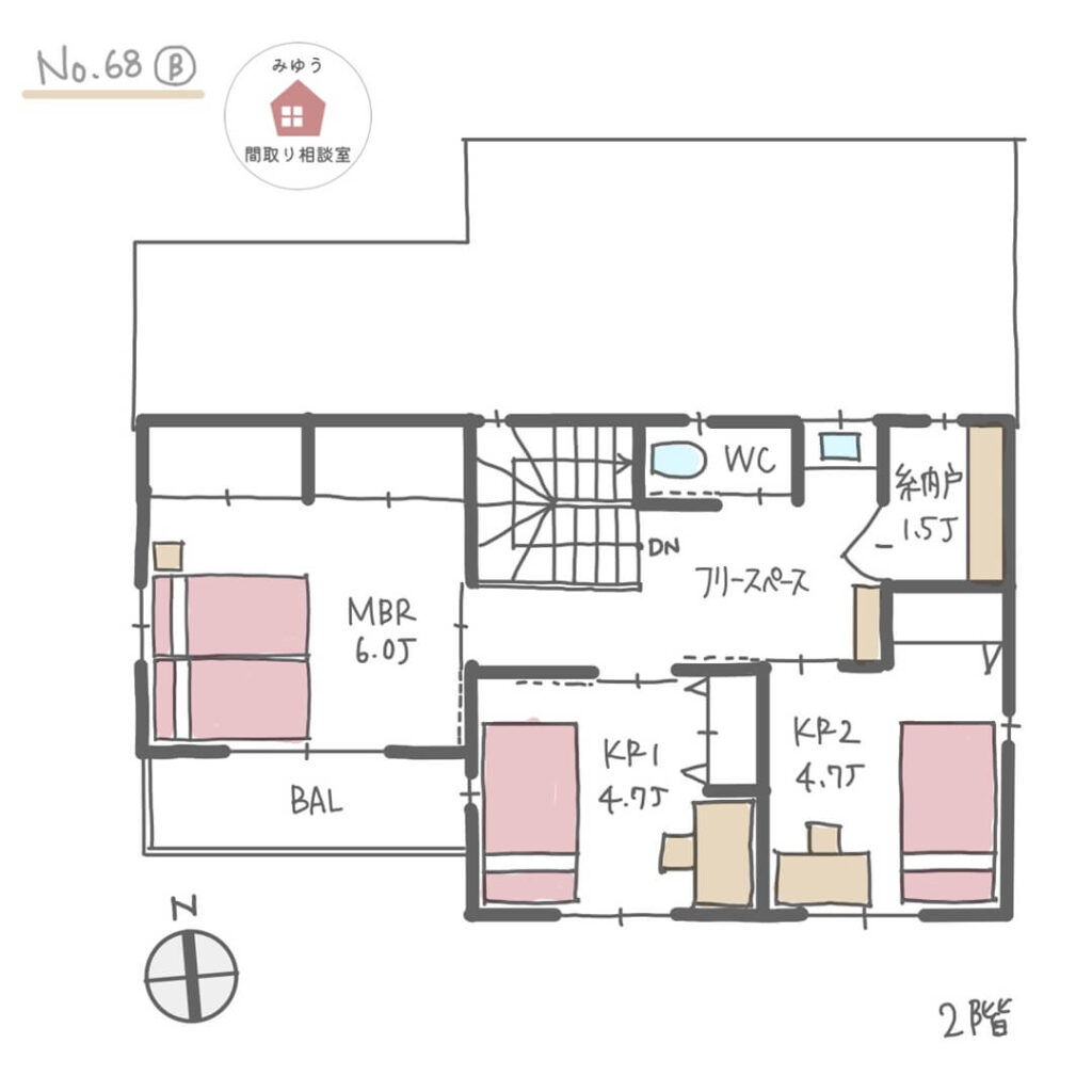 回遊できる家事動線の良い間取り【34坪4LDK2階建】No.68B-2階